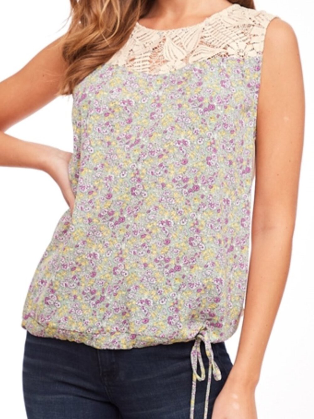 L Love Floral Lace Tank Top Drawstring Hem Boho Sleeveless